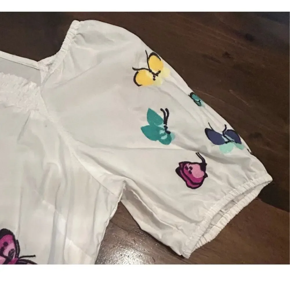Talbots Embroidered Poplin White Top Scattered Butterfly Women Size Large Petite - Picture 5 of 7